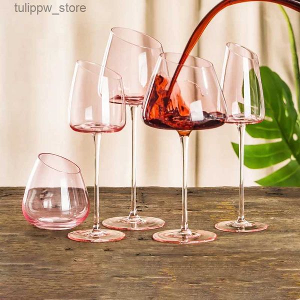 Weingläser, französisches rosa Flamingo-Weingläser-Set, Kristallglas-Becher, kreativer geneigter Mund, konkaver Boden, klarer Champagner-Weinbecher, blau, L240323