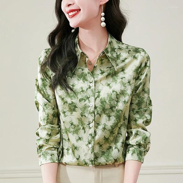 Damenblusen, 19 mm, echtes Seidensatin-Hemd, Umlegekragen, elegante Hemden für Damen, Langarm-Oberteile, Büro-Dame-Druckbluse