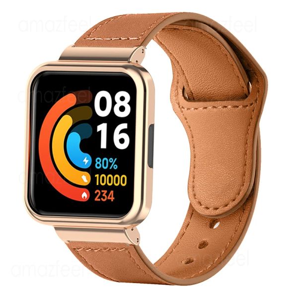 Aksesuarlar Redmi için Deri Kayış 2 Lite/ Watch 3 Active Watch Band Metal Kılıf Koruyucusu Xiaomi Mi İzle Lite Bilezik Çerçevesi