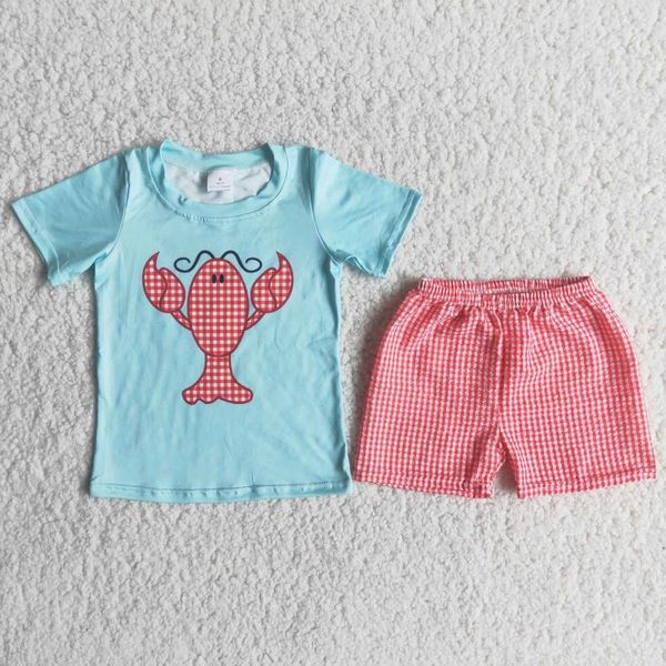 Kleidungssets A8-3 Großhandel Kinderkleidung Jungen Ausverkauf Hummergrün T-Shirt Rot Karierte Hosen Sommer Baby