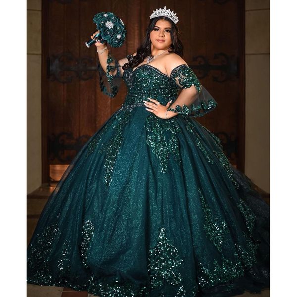 Зеленое блестящее бальное платье Quinceanera Платья 15 Вечерние блестящие тюлевые аппликации с блестками Формальные маскарадные платья Золушки на день рождения Vestidos De Fiesta