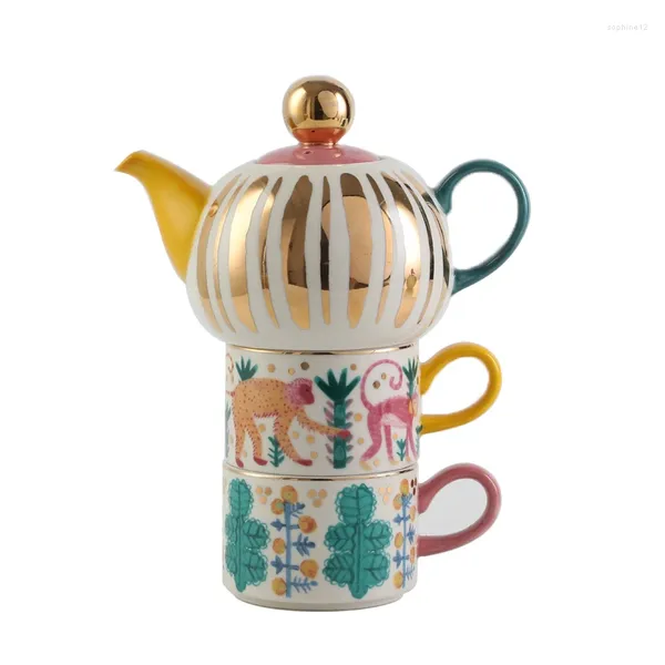 Conjuntos de chá pintados à mão cerâmica conjunto de chá britânico retro flores bule com copos escritório casa resistente ao calor pote e copo