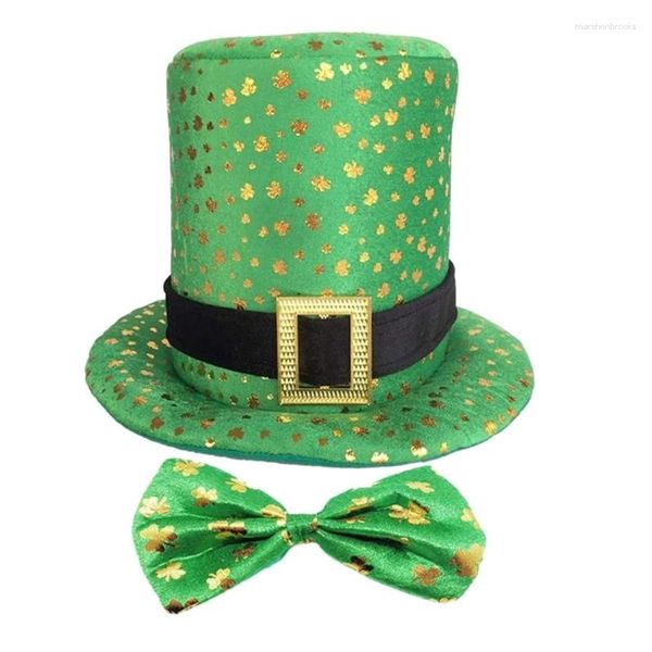 Baskenmützen StPatrick Day Celebration Green Hat Bowtie Festival Mottoparty Goldprägung Shamrock Top Irische Accessoires D46A