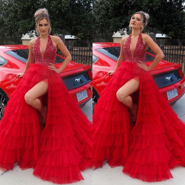 Splendido abito da ballo rosso a trapezio con paillettes alla caviglia abiti da sera formali eleganti abiti con gonna a strati in tulle gonfio per occasioni speciali formale robe de soiree