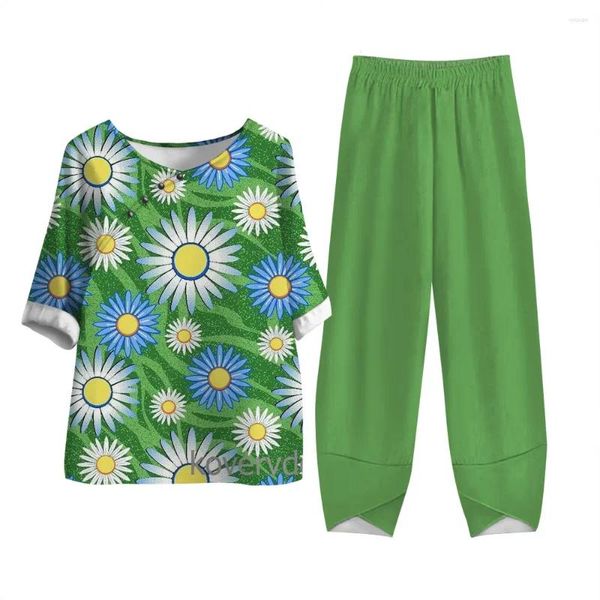 Zweiteilige Damen-Hosen-O-Ausschnitt-Oberteil-Sets, Sonnenblumen-Druck, süßes Muster, halbe Ärmel mit langen Taschen, Winter-Herbst für Damenbekleidung