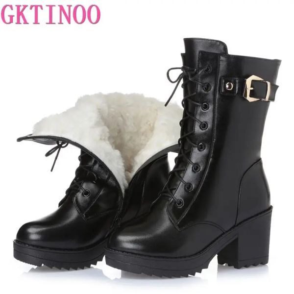 Botas Gktinoo Highheelteed Leather Women Women Botas de inverno lã grossa mulher quente botas militares de alta qualidade botas de neve feminina