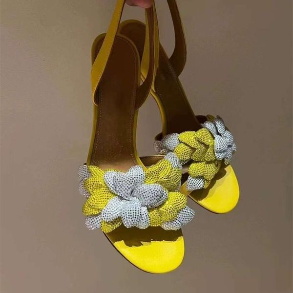 2024 весенне-осенние новые французские летние сандалии из шелка и атласа с французскими бриллиантами, женская обувь на высоком каблуке из натуральной кожи