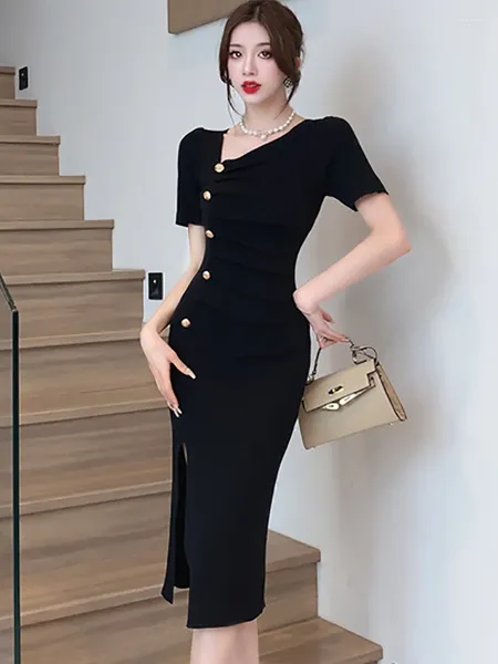 Party Kleider Sommer Schwarz Kurzarm Plissee Bodycon Prom Kleid Frauen Koreanische Vintage Hepburn Lange 2024 Elegante Casual In