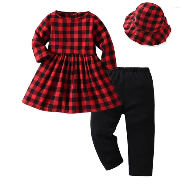 Set di abbigliamento Autunno rosso e nero scozzese Abito a maniche lunghe da ragazza Leggings attillati Cappello da sole a tesa larga Set a tre pezzi