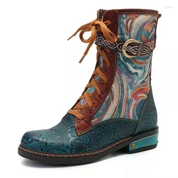 Stiefel Damen Winter Geprägtes Patchwork-Muster Mittlere Wade Ethnische rutschfeste Schnürung Warme Plüschschuhe Flach Kurz