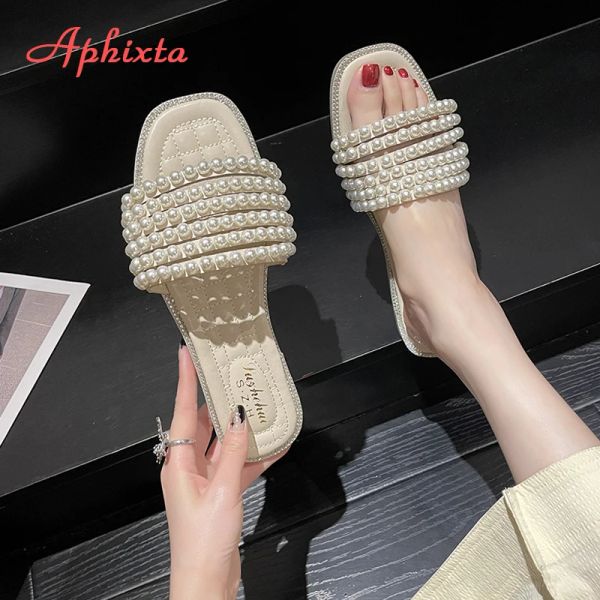 Flops Aphixta new Summer Flat Heel Роскошные жемчужные кристаллы Flip Flops Женщины струны Bead Brink Slipers Peep Toe Mules Fashion Slides