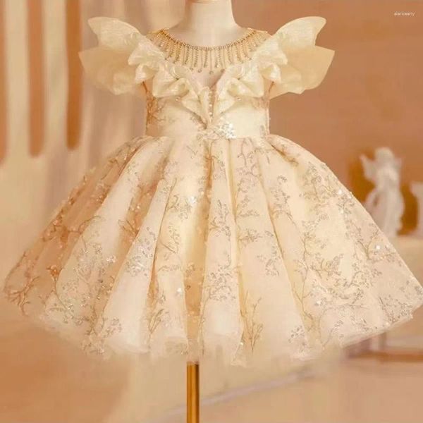 Платья для девочек Jill Wish Роскошное арабское бежевое платье с бисером Дубай для маленьких детей Принцесса на день рождения Свадебная вечеринка Детская одежда 2024 J202