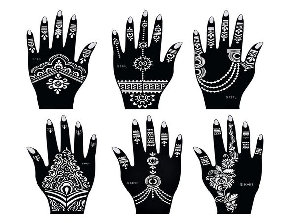 Stencil per tatuaggi all'hennè Mehndi India Kit di stencil per tatuaggi all'henné per pittura a mano con dita per colori per il corpo 6 pezzi Modelli di tatuaggi temporanei5733975