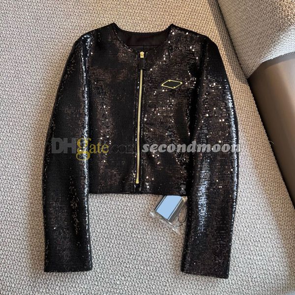 Jaqueta de lantejoulas brilhante feminina, casaco com emblema de metal, designer, gola redonda, com zíper, roupa externa