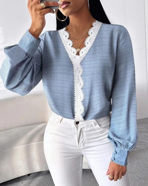 Kadın Tişörtleri Moda Kadın Bluz 2024 İlkbahar V-Yok Kontrast Dantel Düğmeli Günlük Düz Uzun Kollu Günlük Tee Üst Y2K Giysileri
