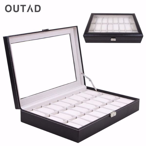 OUTAD Casket 24 Grid Box для часов, стеклянный черный кожаный чехол для хранения наручных часов, органайзер, классический держатель, пенопластовая подушка2074