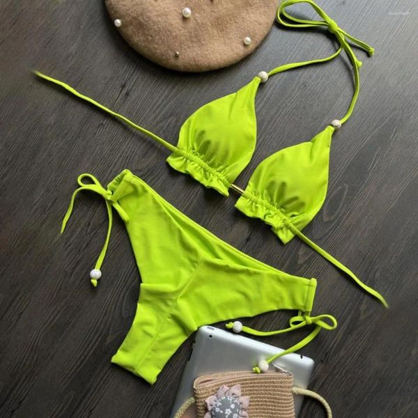 Mulheres Swimwear Mulheres Halter Bikini Set Lace-up Swimsuit com almofadas de peito elegante top cintura alta para praia