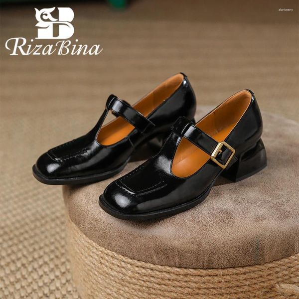 Sapatos casuais Rizabina mulheres bombas de couro real moda t-strap design chunky calcanhar mocassins senhora quadrado toe elegante vestido festa 2024