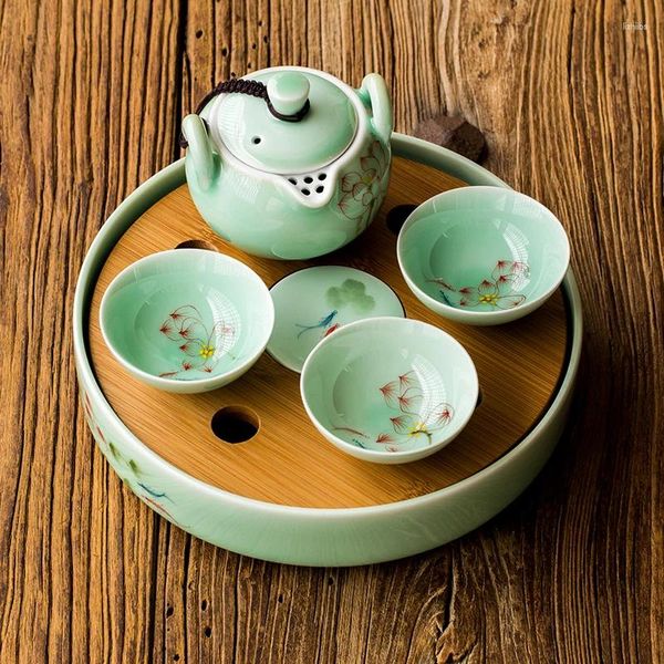 Çay tepsileri lotus çiçekler longquan celadon el boyaması desen yuvarlak mini-seramik tepsisi bambu yüzey su depolama