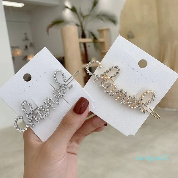 Grampo de cabelo feminino pérola strass carta bling carta presilhas moda acessórios de cabelo para presente festa grampo de cabelo