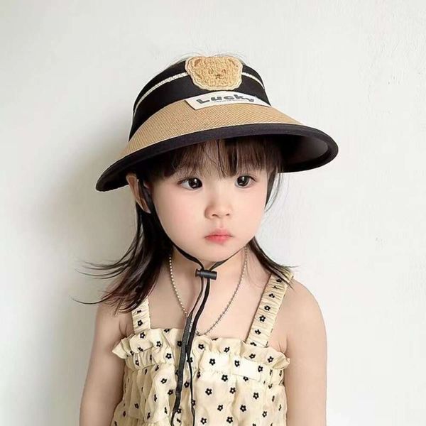 Cola preta de verão infantil, proteção uv e solar, chapéus de palha vazios para meninas, abas grandes, chapéus fofos de urso