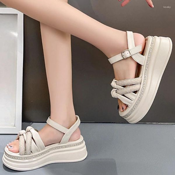 Kleid Schuhe für Frauen 2024 Mode Sommer Damen Sandalen Einfarbig Pailletten Mittlere Ferse Wasserdicht Ein Wort Schnalle Casual