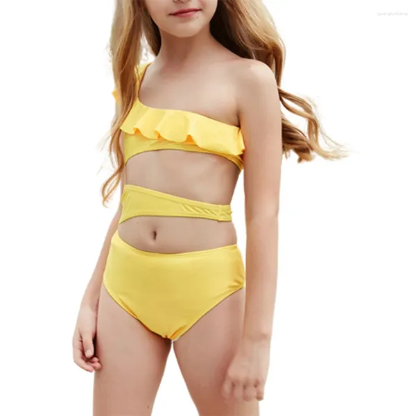 Roupa de banho feminina fs menina bonito amarelo monokini plissado oblíquo oco para fora único ombro maiô crianças maiô uma peça verão