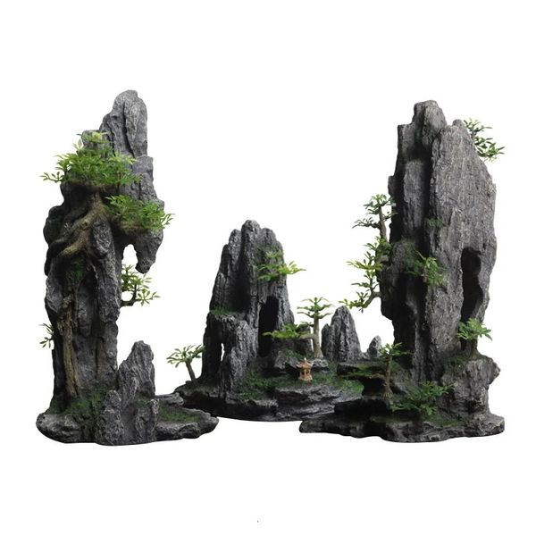 Aquário montanha rockery paisagem vista decoração colina pendurado ponte vista ornamento resina tanque de peixes decoração grande 240305