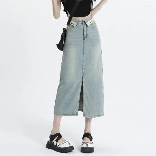 Röcke 2024 Frauen Casual Vielseitigkeit Hohe Taille Denim Midi Rock Femme Vintage Jeans Split A-line Cowboy Böden