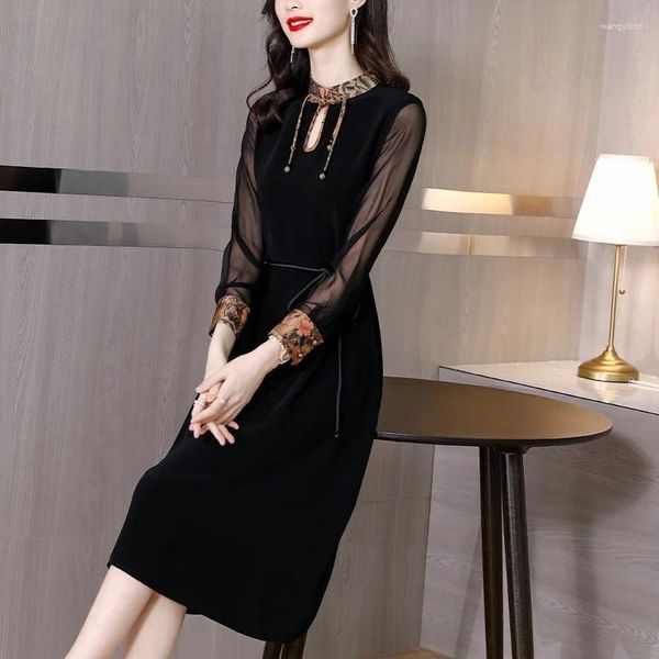 Повседневные платья, весна-осень, шелк 2024, винтажное черное платье на шнуровке с длинным рукавом, элегантное облегающее женское вечернее платье