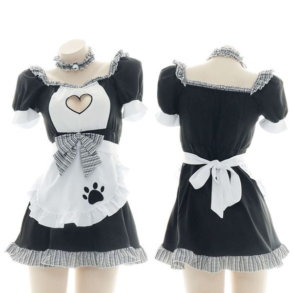 Забавный комплект нижнего белья, клетчатая юбка, женский наряд горничной, сексуальная и сердечная ночная рубашка с вырезом для кошек, одежда T0216 672097