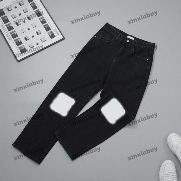 Xinxinbuy Homens Mulheres Designer Pant Paris Joelho Floral Carta Imprimir Denim Primavera Verão Calças Casuais Preto Azul S-2XL