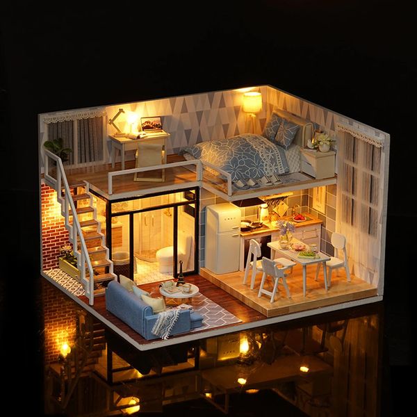 DIY Minyatür Loft Dollhouse Kit LED Mini 3D Ahşap Ev Dekorasyon Aksesuarları Odası El Yapımı Oyuncak Sevgililer Günü Noel Hediyesi 240314