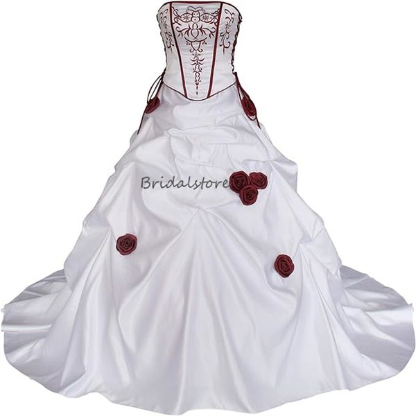 Stickerei Gothic Brautkleider 2024 Sexy trägerloses Faltenkorsett 3D-Blumen Kirche Brautkleider Schnürkorsett Midevil Satin Country Vestidos de Novia Casamento