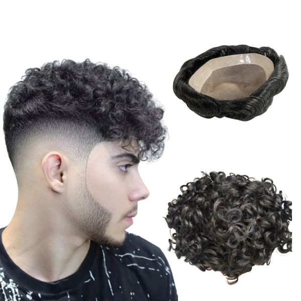 Perucas N.L.W Fine mono1 0*8 ''peruca para homens peruca de cabelo preto natural 10mm Afro Curl homens substituição de peruca