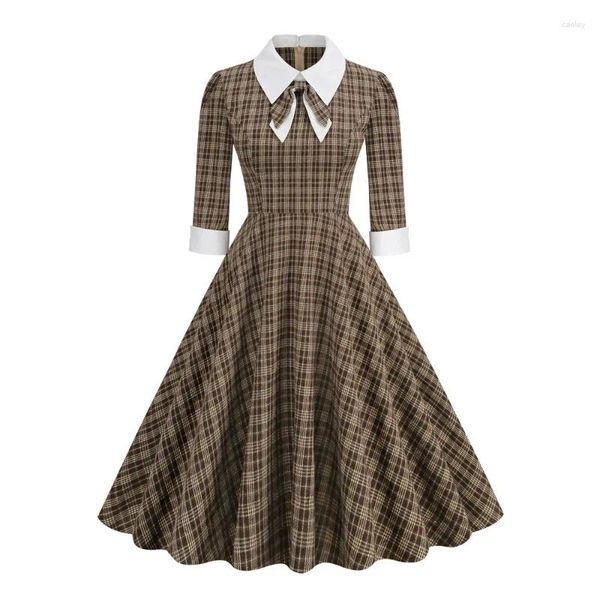 Lässige Kleider Braun Umlegekragen Schleife Plaid Rockabilly Vintage Midi Damen 3/4 Länge Ärmel Herbst Winter Frauen Elegantes Kleid 2024