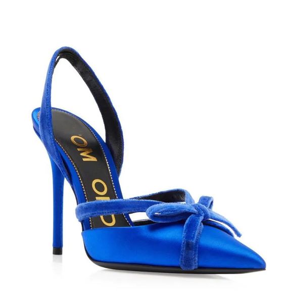 24S Caminhada de Verão Luxo Cetim Veludo Bow Sandálias Sapatos Mulheres Azul Salto Alto Dedo Apontado Vermelho Preto Slingback Bomba Festa Casamento Salto Tom Fords Vestido Sapato EU35-43.Box