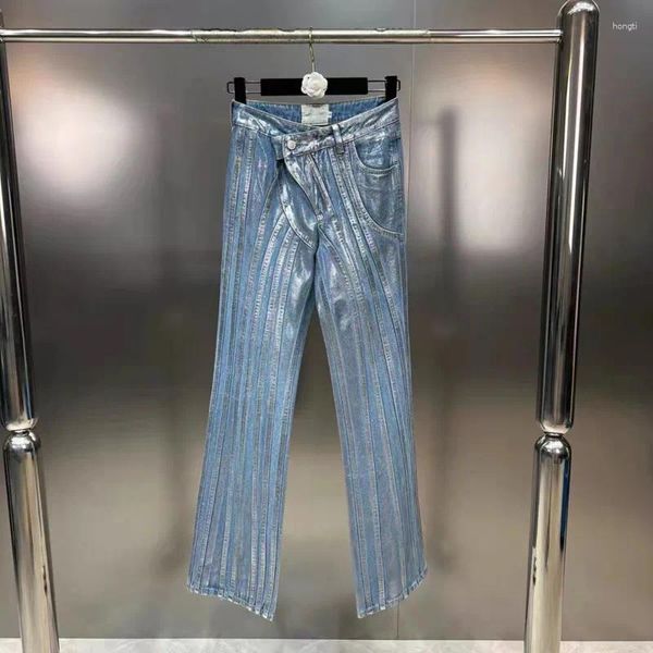 Kadınlar Kot PREPOMP 2024 Bahar Koleksiyonu Şişe Düğmeleri Bel Gümüş Çizgili Mavi Denim Pantolon Kadınlar Uzun Gp303