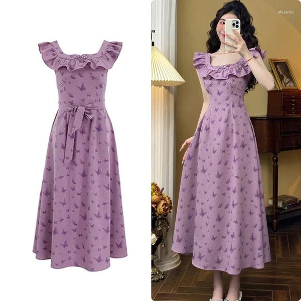 Vestidos casuais 2024 pescoço quadrado sem mangas roxo borboleta impresso vestido longo mulheres francês retro fada elegante plissado uma peça