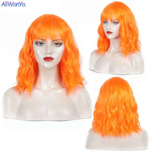 Perucas naturais curtas onda de água pixie perucas sintéticas com franja pura médio bob peruca laranja peruca feminina peruca cosplay festa de cabelo