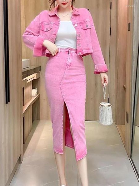Abiti da lavoro Retro Abito di jeans rosa Giacca monopetto Glutei irregolari Gonna lunga 2024 Abbigliamento donna alla moda primaverile