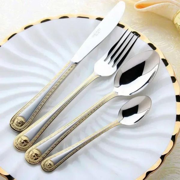 Bıçaklar 24 PCS Vintage Western Gold Kaplamalı Yemek Takımı Yemeği Yemeği Çatal Bıçağı Set Altın Çatal Teşheri Paslanmaz Çelik Gravür Sofra Takımı