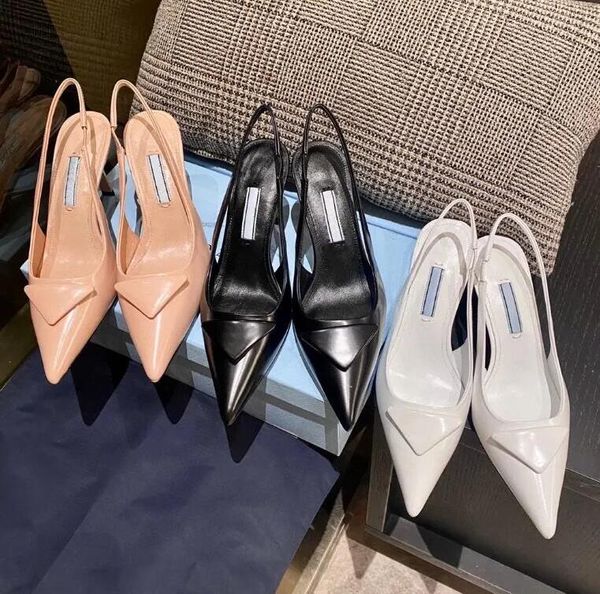 Marcas de luxo vestido sapatos verão caminhada sandália salto alto salto baixo preto couro escovado slingback bombas preto branco patente couros sandálias de salto sapato eu35-41 caixa