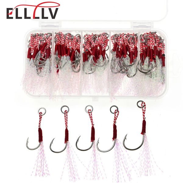 Elllv 100PCSbox Slow Jigging Assist Hook Single Barbed Cast Jig Hooks With Feather Sea Bass Fishing Lure 5 Sizes Mixed 240312