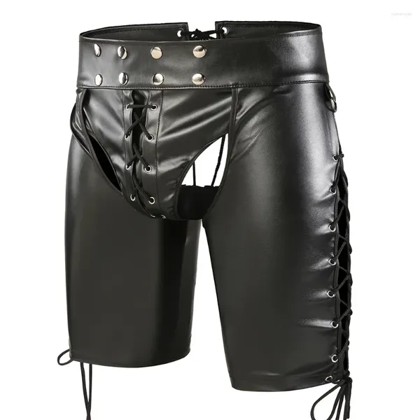 Unterhosen Männer Sexy Kunstleder Shorts Backless Open Crotch Nachtclub Tragen Fetisch Kurze Hosen Homosexuell Männliche Mode Bandage Punk Kostüm