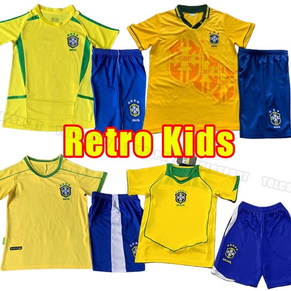 Kinder-Kits Brasilien Fußballtrikots Retro-Shirts Carlos Romario Ronaldinho Camisa de Futebol Brasilien RIVALDO ADRIANO JOELINTON 1998 98 2002 02 2004 1994 04 94