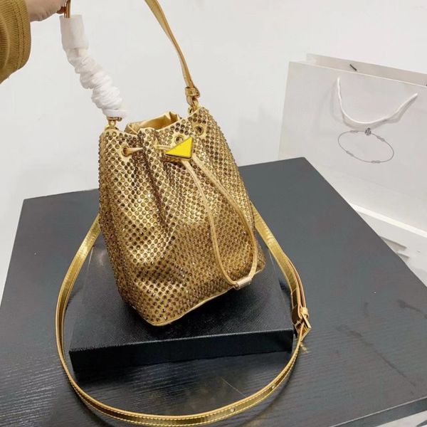 Blingbling Strass Bucket Bag Luxustasche Damen Handtasche Echtes Leder Set Diamantkette Mini Schulter Umhängetasche Designertasche Gold Damen Diamant Einkaufstasche
