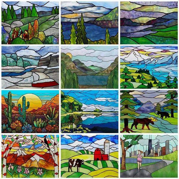 Adesivos para janelas, pintura de paisagem, filmes de vitral, filme de popa/janelas, adesivo opaco, autoadesivo/estático, tamanho personalizado