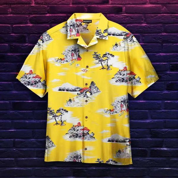 Camisas casuais masculinas New Mens Hawaii Amarelo Camisas Criativas Pintura de Paisagem Chinesa Manga Curta Ha Camisas Estilo Cubano Verão Plus Size L240320