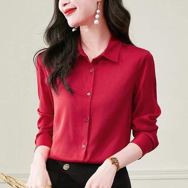 Blusas femininas de seda real vermelho preto branco camisa manga longa elegante moda camisas para mulheres topos senhora do escritório trabalho wear blusa